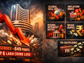 Indian stock market Sensex crash showing bearish red candlestick charts amid global war tensions.