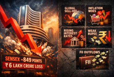 Indian stock market Sensex crash showing bearish red candlestick charts amid global war tensions.