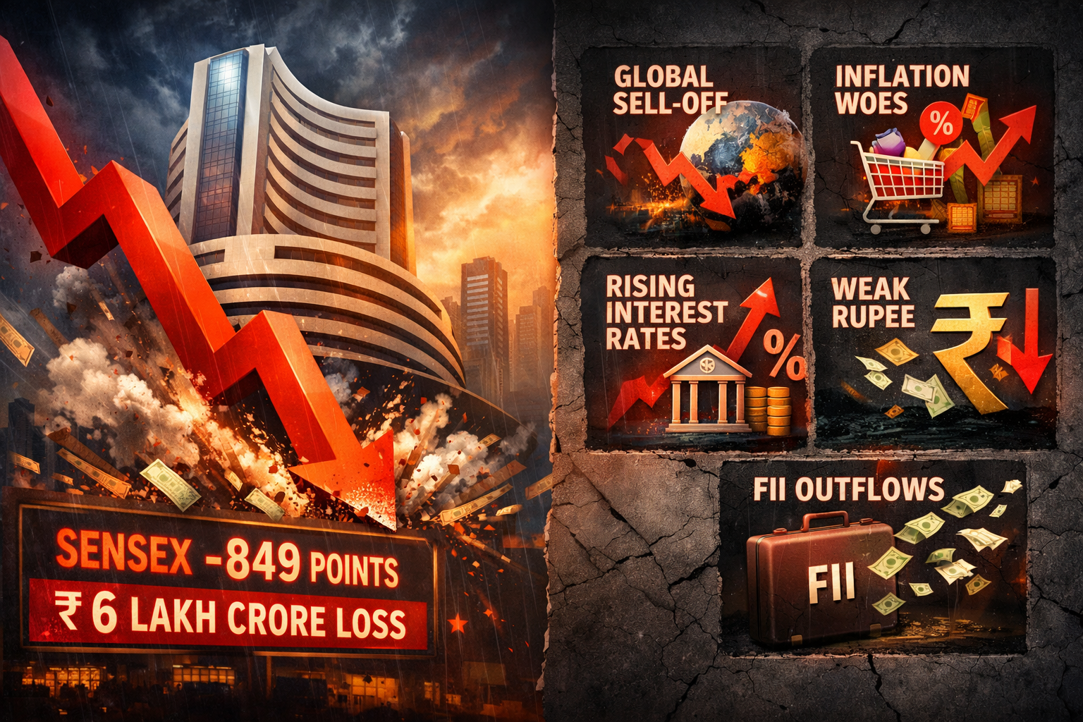 Indian stock market Sensex crash showing bearish red candlestick charts amid global war tensions.